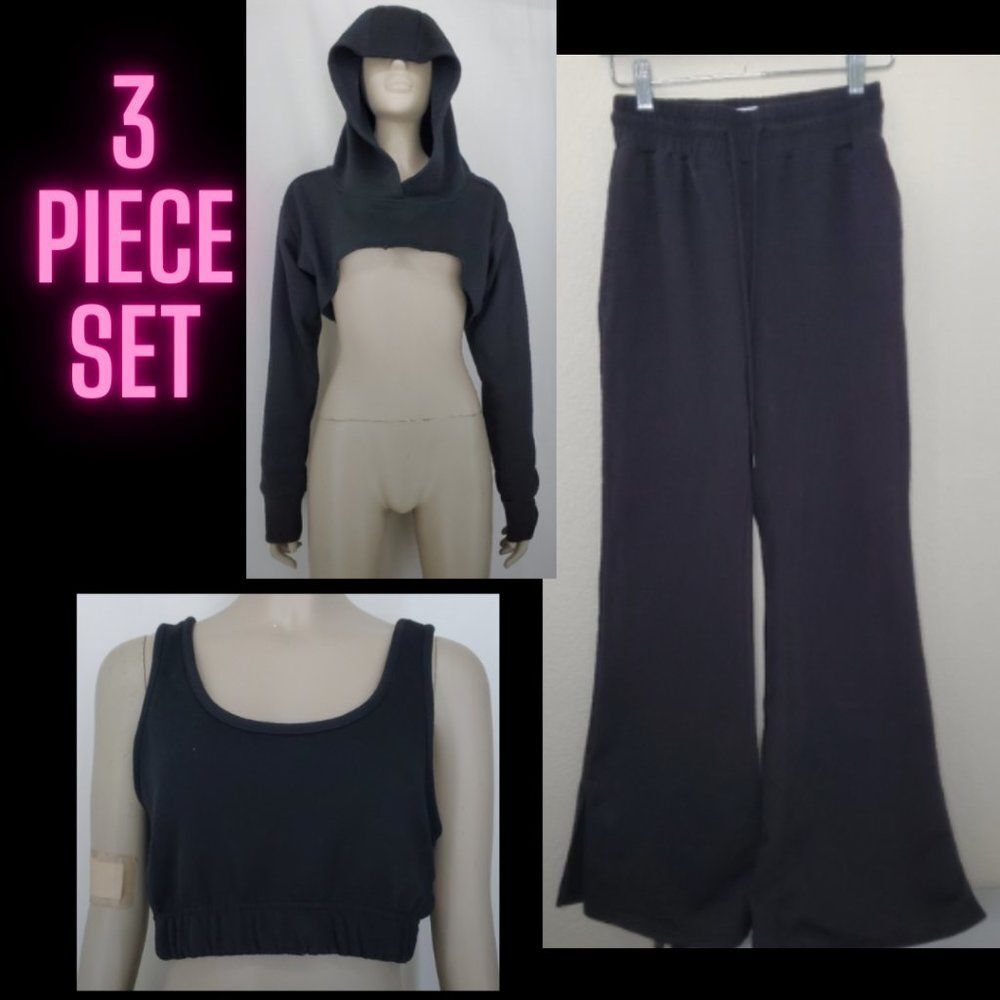 3 Piece Black Refuge Set - Crop Hoodie, Sports Bra, and Pants